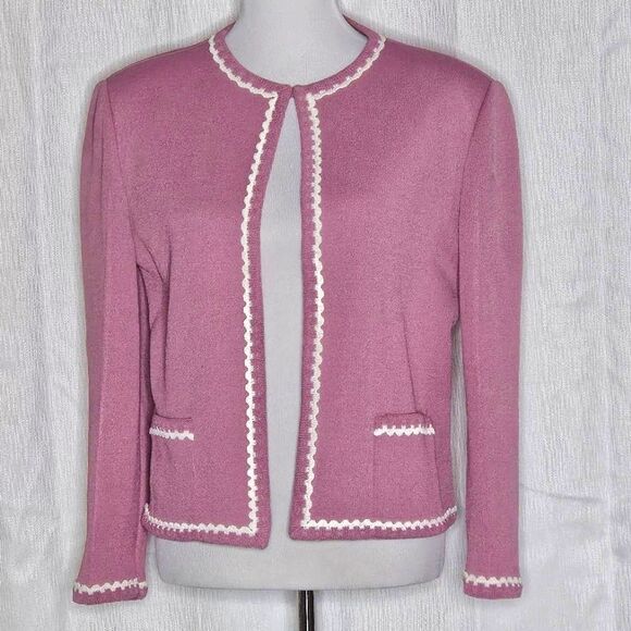 Castleberry Vintage Rosie Pink White Trim Accents Jersey Knit Cardigan Sweater - Picture 1 of 13